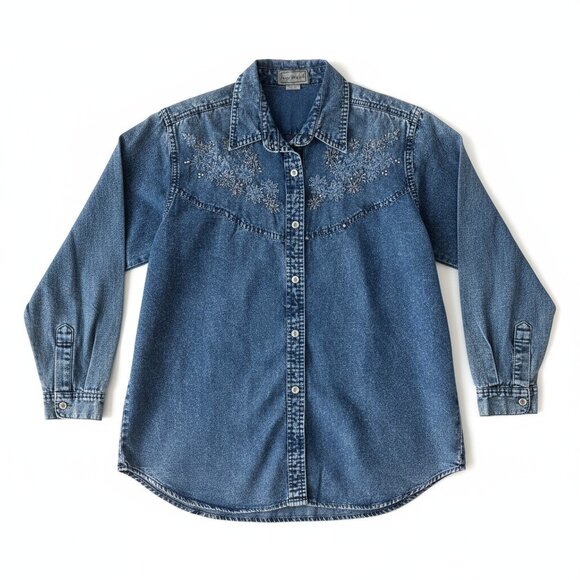 Jane Ashley Denim Western Button-Up Shirt – Embroidered – Size L - Picture 1 of 11